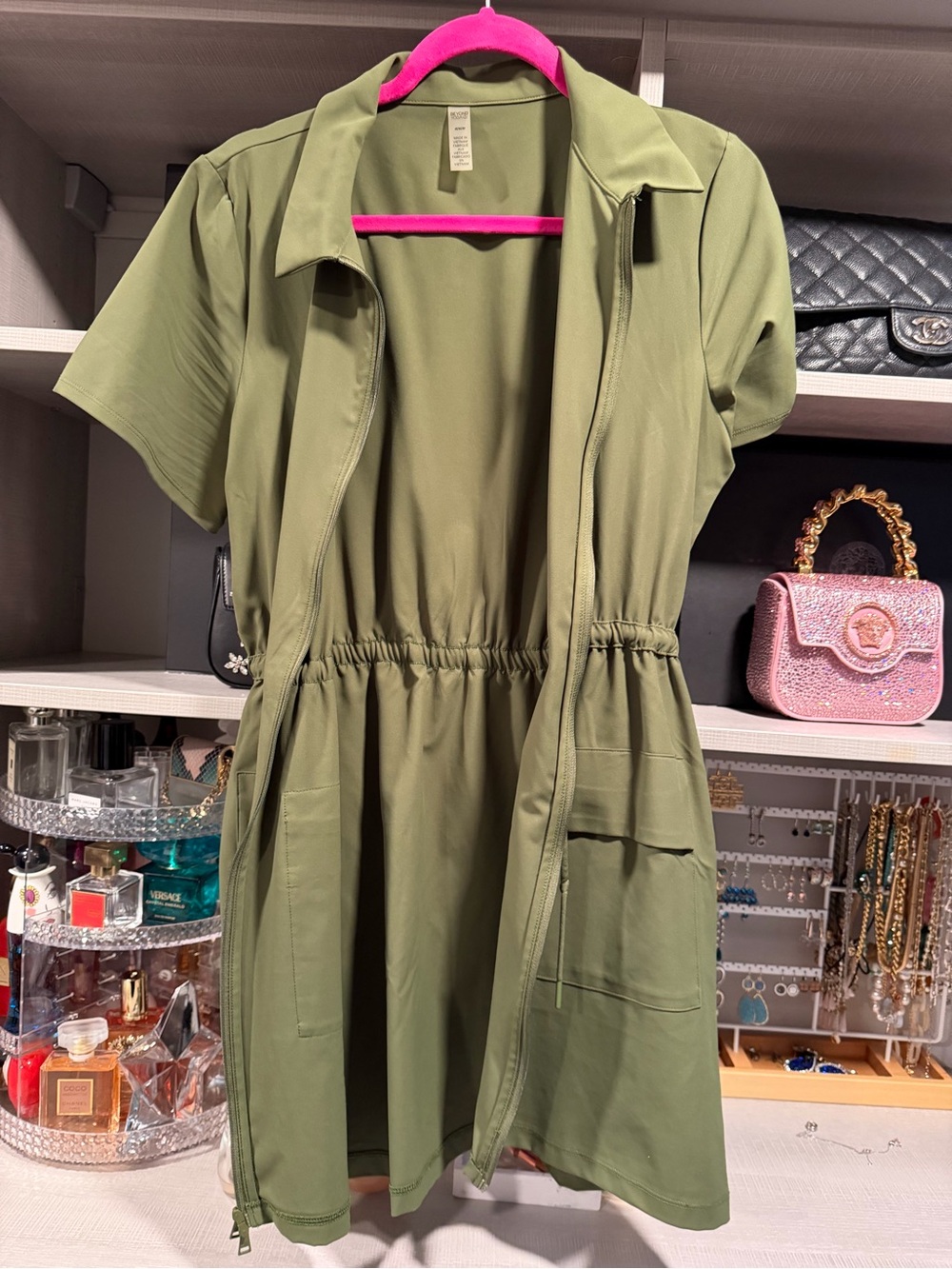 Beyond Yoga Olive Green Zip Front Short Sleeve Dress
